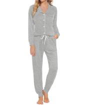 Conjunto de pijamas feminino SWOMOG, manga comprida, com botões, cinza