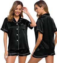 Conjunto de pijamas feminino SWOMOG, seda, cetim, duas peças, preto