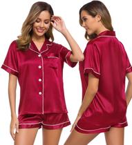 Conjunto de pijamas feminino SWOMOG, seda, cetim, duas peças, vermelho escarlate Conjunto de pijamas feminino SWOMOG, seda, cetim, duas peças, vermelho escarlate