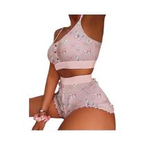 Conjunto De Pijamas Femininos Com Estampa De Borboleta, Top De Sutiã E Short, Lingerie Para Dormir