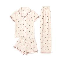 Conjunto De Pijamas Femininos Com Estampa De Cereja, Manga Curta, 3 Peças, Roupas Para Casa,
