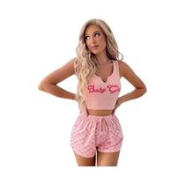 Conjunto De Pijamas Femininos Com Estampa De Letras Em Rosa, Camisola Casual E Shorts Xadrez, Roupa Conjunto De Pijamas Femininos Com Estampa De Letras Em Rosa, Camisola Casual E Shorts Xadrez, Roupa
