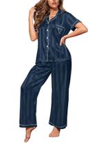 Conjunto de pijamas femininos de cetim de seda, 2 peças, azul marinho escuro Conjunto de pijamas femininos de cetim de seda, 2 peças, azul marinho escuro