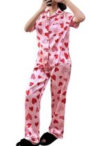 Conjunto de pijamas femininos de cetim de seda, 2 peças com estampa de coração