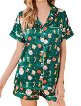 Conjunto de pijamas femininos de cetim de seda Ekouaer, manga curta, verde Conjunto de pijamas femininos de cetim de seda Ekouaer, manga curta, verde