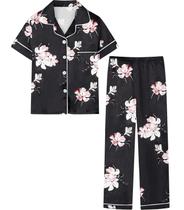 Conjunto de pijamas femininos de cetim de seda Umeyda Black Flower XS Conjunto de pijamas femininos de cetim de seda Umeyda Black Flower XS