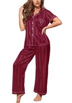 Conjunto de pijamas femininos de cetim Pajamigols com listras de seda, vermelho, GG