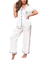 Conjunto de pijamas femininos de cetim Pajamigols, listrado de seda, branco, GG