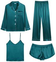 Conjunto de pijamas femininos de cetim SWOMOG, 4 peças de shorts de camiseta verdes, tamanho M