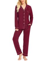 Conjunto de pijamas femininos de manga comprida SWOMOG, vinho tinto