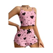 Conjunto De Pijamas Femininos De Verão 2PCS, Camisola Com Alças Finas E Shorts Com Estampa De - NONE Conjunto De Pijamas Femininos De Verão 2PCS, Camisola Com Alças Finas E Shorts Com Estampa De - NONE