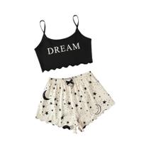 Conjunto De Pijamas Femininos De Verão Com Estampa De Estrelas E Lua, Top Cropped Sem Mangas E Conjunto De Pijamas Femininos De Verão Com Estampa De Estrelas E Lua, Top Cropped Sem Mangas E