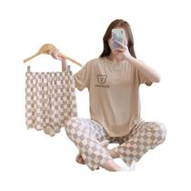 Conjunto De Pijamas Femininos De Verão Em Três Peças, Camiseta De Manga Curta E Calças Com Estampa