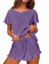 Conjunto de pijamas femininos Ekouaer com mangas com babados e roxo curto