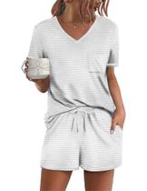 Conjunto de pijamas femininos Ekouaer, manga curta, lounge, listrado Conjunto de pijamas femininos Ekouaer, manga curta, lounge, listrado
