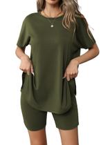 Conjunto de pijamas femininos Ekouaer, manga curta, verde militar, L