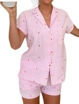Conjunto de pijamas femininos fofos com estampa de coração de cetim Yiulangde Conjunto de pijamas femininos fofos com estampa de coração de cetim Yiulangde