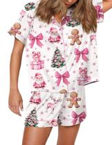 Conjunto de pijamas femininos Juakoso com estampa de Natal, cetim fino, 2 peças Conjunto de pijamas femininos Juakoso com estampa de Natal, cetim fino, 2 peças