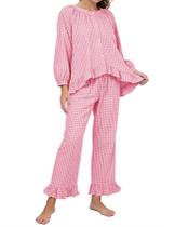 Conjunto de pijamas femininos PEHMEA, algodão guingão, xadrez, com babados, rosa