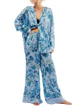 Conjunto de pijamas femininos Yoawdats, cetim macio, floral, 2 peças (azul, M) Conjunto de pijamas femininos Yoawdats, cetim macio, floral, 2 peças (azul, M)