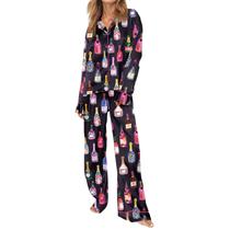 Conjunto de pijamas femininos Yuemengxuan, cetim de Natal, 2 peças