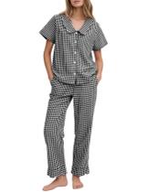 Conjunto de pijamas Flygo Gingham Cotton, 2 peças para mulheres, preto
