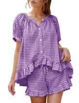 Conjunto de pijamas Flygo Gingham Cotton, 2 peças para mulheres, roxo Conjunto de pijamas Flygo Gingham Cotton, 2 peças para mulheres, roxo