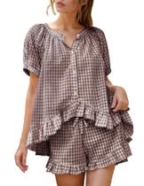 Conjunto de pijamas Flygo Gingham para mulheres 100% algodão, 2 peças
