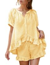 Conjunto de pijamas Flygo Gingham para mulheres 100% algodão (amarelo-XS) Conjunto de pijamas Flygo Gingham para mulheres 100% algodão (amarelo-XS)