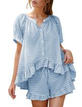 Conjunto de pijamas Flygo Gingham para mulheres, 2 peças de algodão azul Conjunto de pijamas Flygo Gingham para mulheres, 2 peças de algodão azul