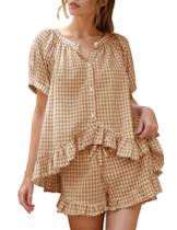 Conjunto de pijamas Flygo Gingham para mulheres de algodão, 2 peças, marrom Conjunto de pijamas Flygo Gingham para mulheres de algodão, 2 peças, marrom