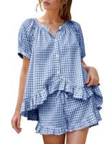 Conjunto de pijamas Flygo Gingham para mulheres de algodão, 2 peças Navy-XS