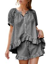 Conjunto de pijamas Flygo Gingham para mulheres de algodão, 2 peças, preto, GG