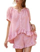 Conjunto de pijamas Flygo Gingham para mulheres de algodão, 2 peças, rosa