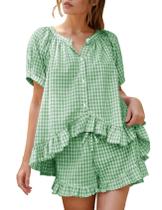 Conjunto de pijamas Flygo Gingham para mulheres de algodão, 2 peças, verde claro Conjunto de pijamas Flygo Gingham para mulheres de algodão, 2 peças, verde claro