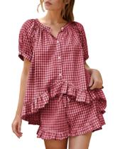 Conjunto de pijamas Flygo Gingham para mulheres de algodão, 2 peças, vinícola-XXL
