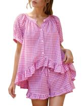 Conjunto de pijamas Flygo Gingham para mulheres de algodão, manga folhada de 2 peças Conjunto de pijamas Flygo Gingham para mulheres de algodão, manga folhada de 2 peças