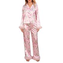 Conjunto de pijamas iTranyee Christmas, 2 peças, acabamento em penas, seda e cetim Conjunto de pijamas iTranyee Christmas, 2 peças, acabamento em penas, seda e cetim