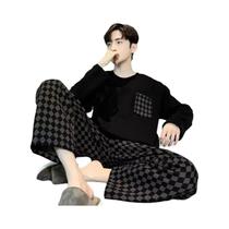 Conjunto De Pijamas Masculinos plus Size Em Preto Com Estampa Xadrez E Listras, Manga Longa, Conjunto De Pijamas Masculinos plus Size Em Preto Com Estampa Xadrez E Listras, Manga Longa,