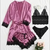 Conjunto De Pijamas Sexy De Renda De Seda Para Mulheres Com Robe 4 Peças Lingerie Roupa De Dormir