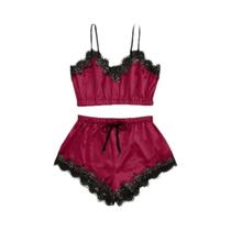 Conjunto De Pijamas Sexy De Renda E Seda Para Mulheres, Sem Mangas, Decote Em V, Roupas De Verão Conjunto De Pijamas Sexy De Renda E Seda Para Mulheres, Sem Mangas, Decote Em V, Roupas De Verão