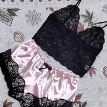 Conjunto De Pijamas Sexy De Renda E Seda Para Mulheres, Top Cropped E Shorts, Roupas De Dormir, 2