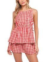 Conjunto de pijamas STURWBEZ Gingham, 2 peças de algodão para mulheres, vermelho-XS