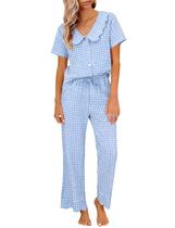 Conjunto de pijamas Tanming Gingham, 2 peças, manga folhada, 100% algodão