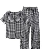 Conjunto de pijamas Tanming Gingham, 2 peças, manga folhada, 100% algodão Conjunto de pijamas Tanming Gingham, 2 peças, manga folhada, 100% algodão