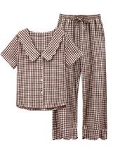 Conjunto de pijamas Tanming Gingham de 2 peças para mulheres, café tamanho M Conjunto de pijamas Tanming Gingham de 2 peças para mulheres, café tamanho M