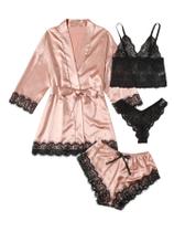 Conjunto de pijamas WDIRARA, seda, cetim, 4 peças, lingerie, renda floral, XXXL