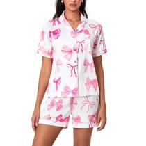 Conjunto de pijamas Yiulangde Cute Pink Bow Silk para mulheres Y2k