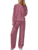 Conjunto de pijamas Ythomm Striped de 2 peças para mulheres: algodão vermelho Conjunto de pijamas Ythomm Striped de 2 peças para mulheres: algodão vermelho