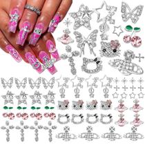 Conjunto de pingentes para unhas AQNJC Y2K Silver Butterfly Cross Star Planet